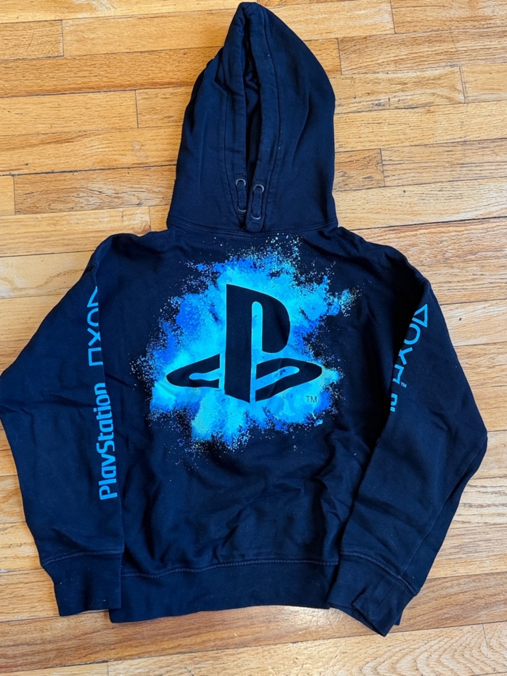 H&M Black Hoodie with Bright Blue Graphic PlayStation Logo